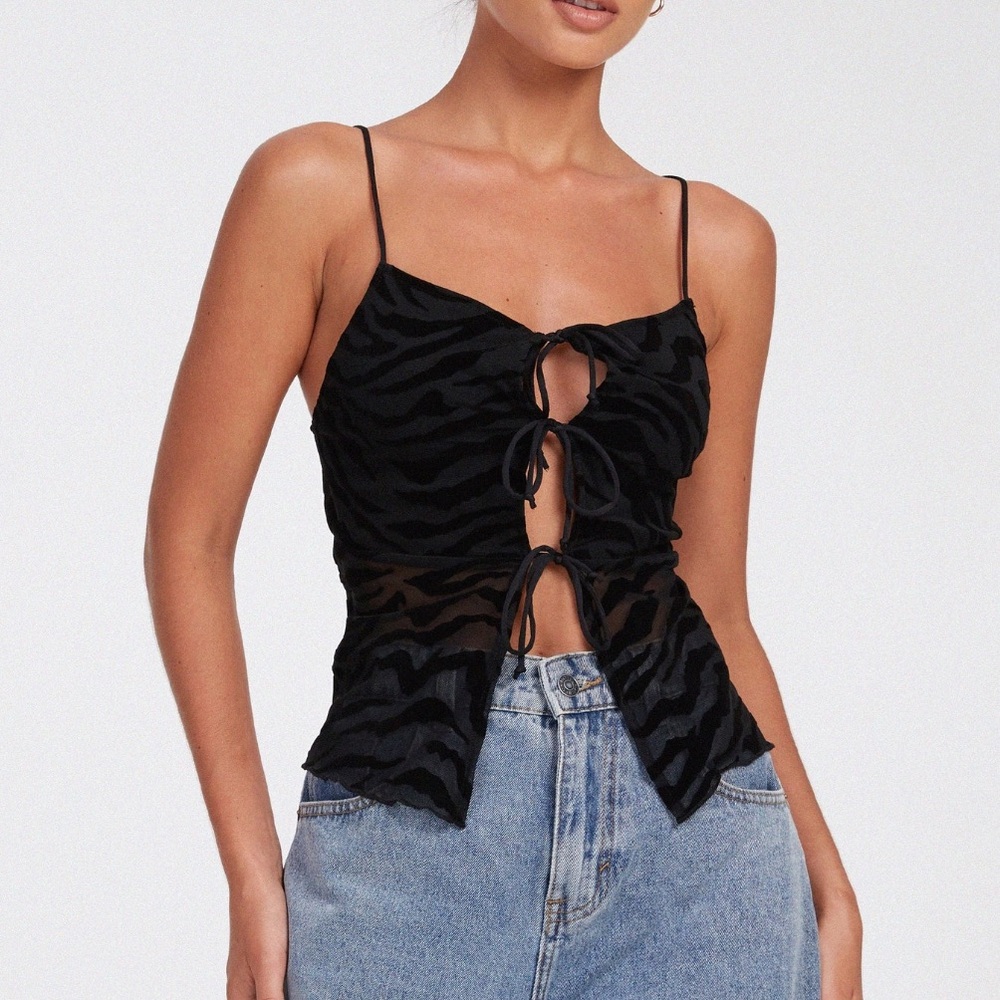 Motel Rocks Rayu Black Zebra Flock Tie Front Top
